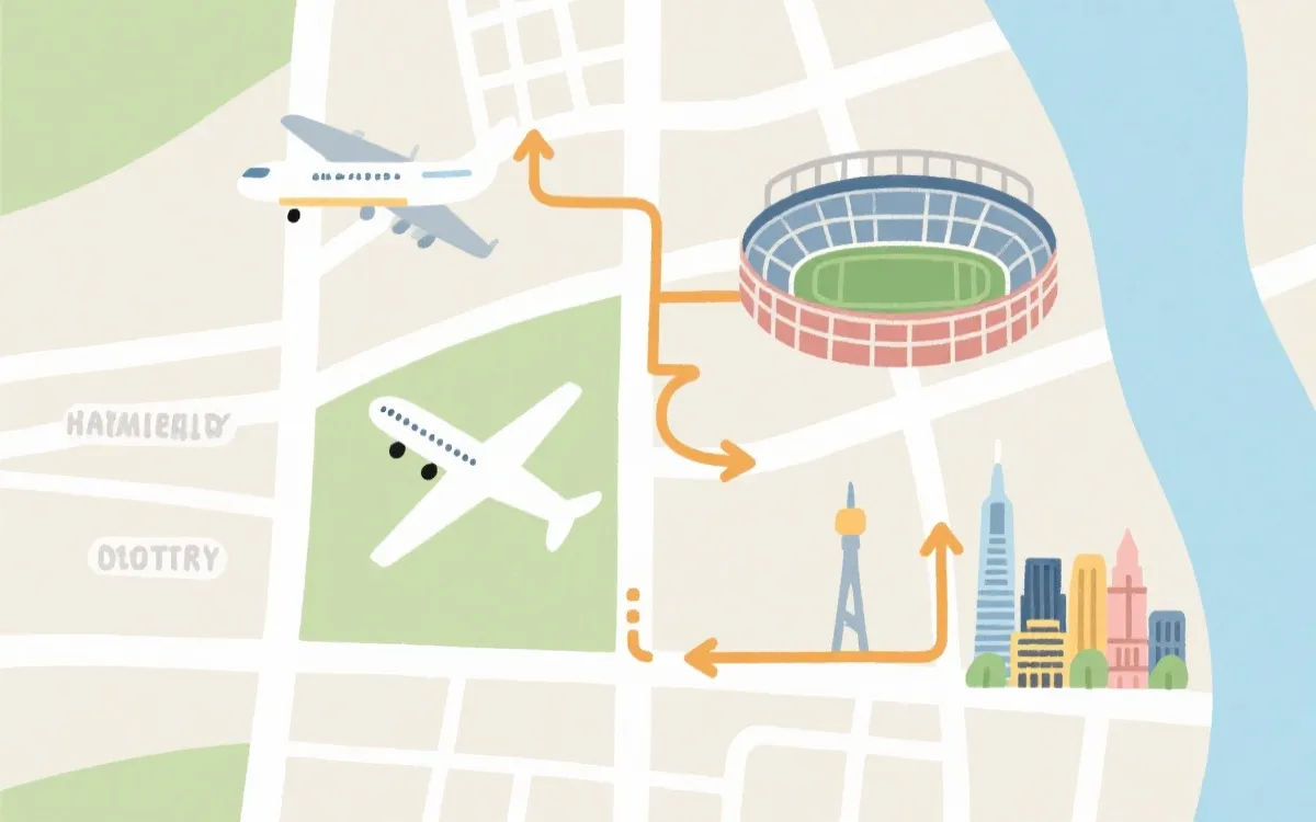 从机场到球场再到市区景点的示范动线路线视觉示意