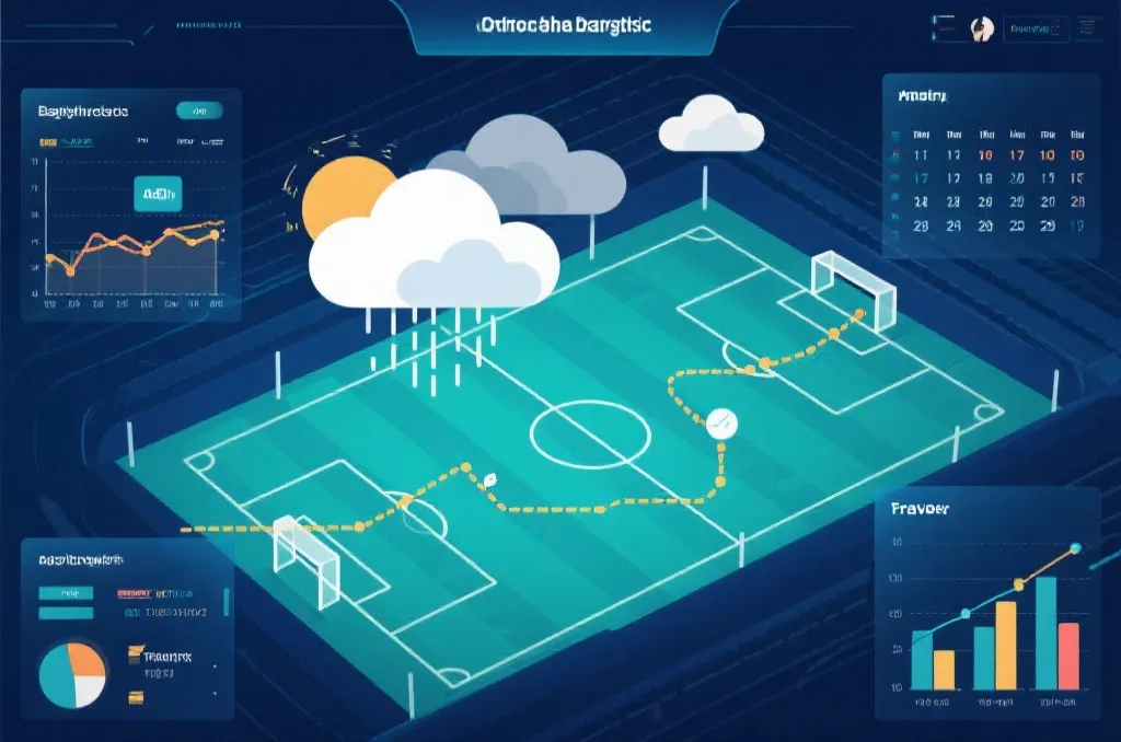 比赛数据面板与天气图层叠加的视觉，展示比分预测的依据