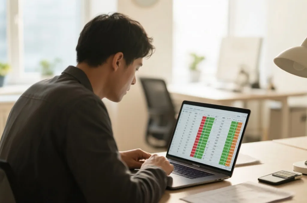 球迷在电脑前整理足球数据记录